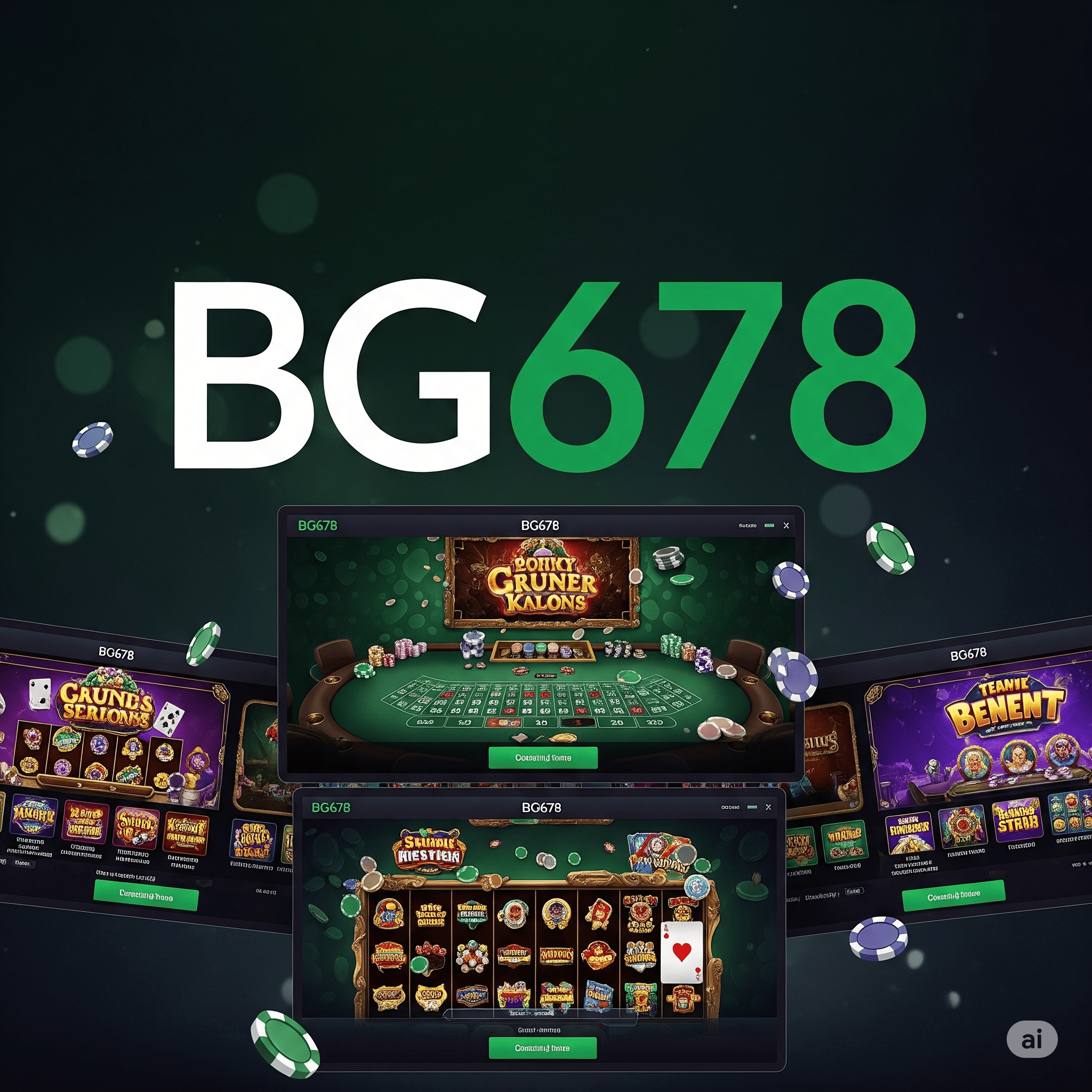 Dynamic montage of BG678 gameplay including slots, live dealers, and sports betting